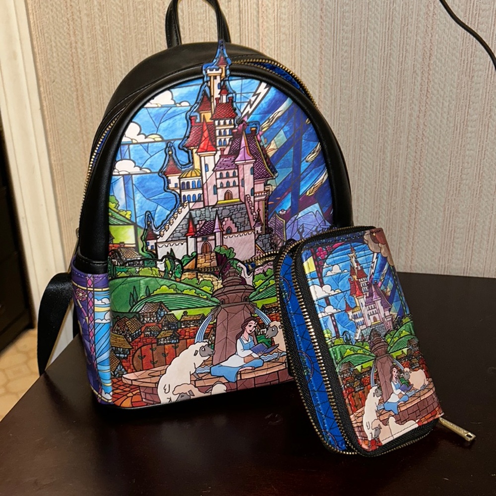 Disneys beauty and the beast loungefly backpack and wallet set